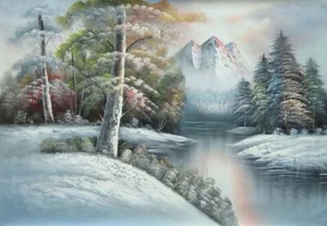 24x36 Schneefeld Friedlicher Bach Berg Gipfel Bäume Ölgemälde Naturalismus - Bild 1 von 1