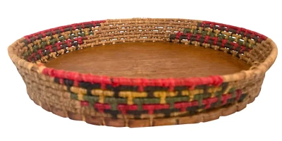 Hand Woven Basket Tray W/Wooden Base Vintage Primative Tan Red Brown 9.25" Wide - Image 1 of 4