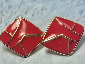Vintage Krone Trifari rote Emaille/goldfarbene Ohrclips - Bild 1 von 6