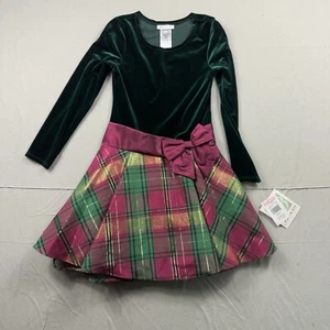 Bonnie Jean Black Velvet Bodice Green Bow Plaid Girls Dropped Waist Dress Sz 10 - Picture 1 of 9
