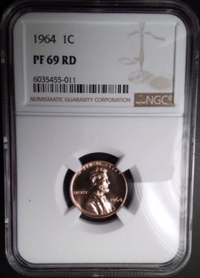 :1964 1C LINCOLN CENT SPOTLESS NGC PF-69-RD RARE LOW-POP R-2 HIGHEST-GRADES  - Image 1 of 2