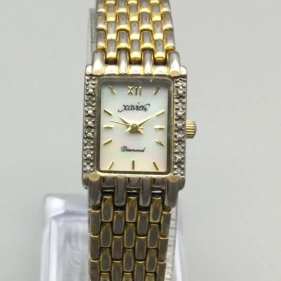 Xavier Diamond Tank Watch Women 17mm Gold Tone MOP Dial New Battery 6" - Image 1 of 4