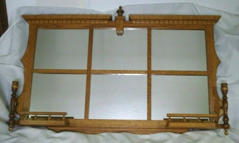 vtg Oak Wood Fireplace Mantel Dresser mirror w/ candle holders knick knack shelf Cover