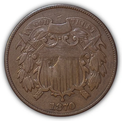 1870 Struck Thru Error Two Cent Piece Fine F Coin #22097 - Image 1 of 3
