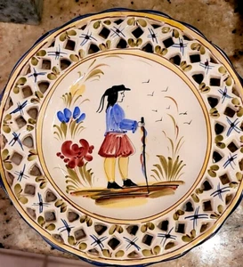 French HENRIOT QUIMPER Majolica Faience BRETON MALE Pierced 12 IN. HANGING PLATE - Picture 1 of 10