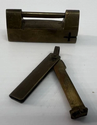 Antique Chinese Handmade Brass Padlock and Key, 63 mm, signed Cover