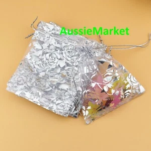 20 x organza gift bags pouch favours white with silver flower floral pattern new - Picture 1 of 3