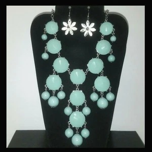 Modeschmuck Halskette & Ohrringe Vintage Statement Chunky Aqua Silber 80er 90er - Bild 1 von 9
