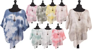 Italian Ladies Women Tye Dye Linen Batwing Top With Necklace Plus Size 14-24 - Picture 1 of 24
