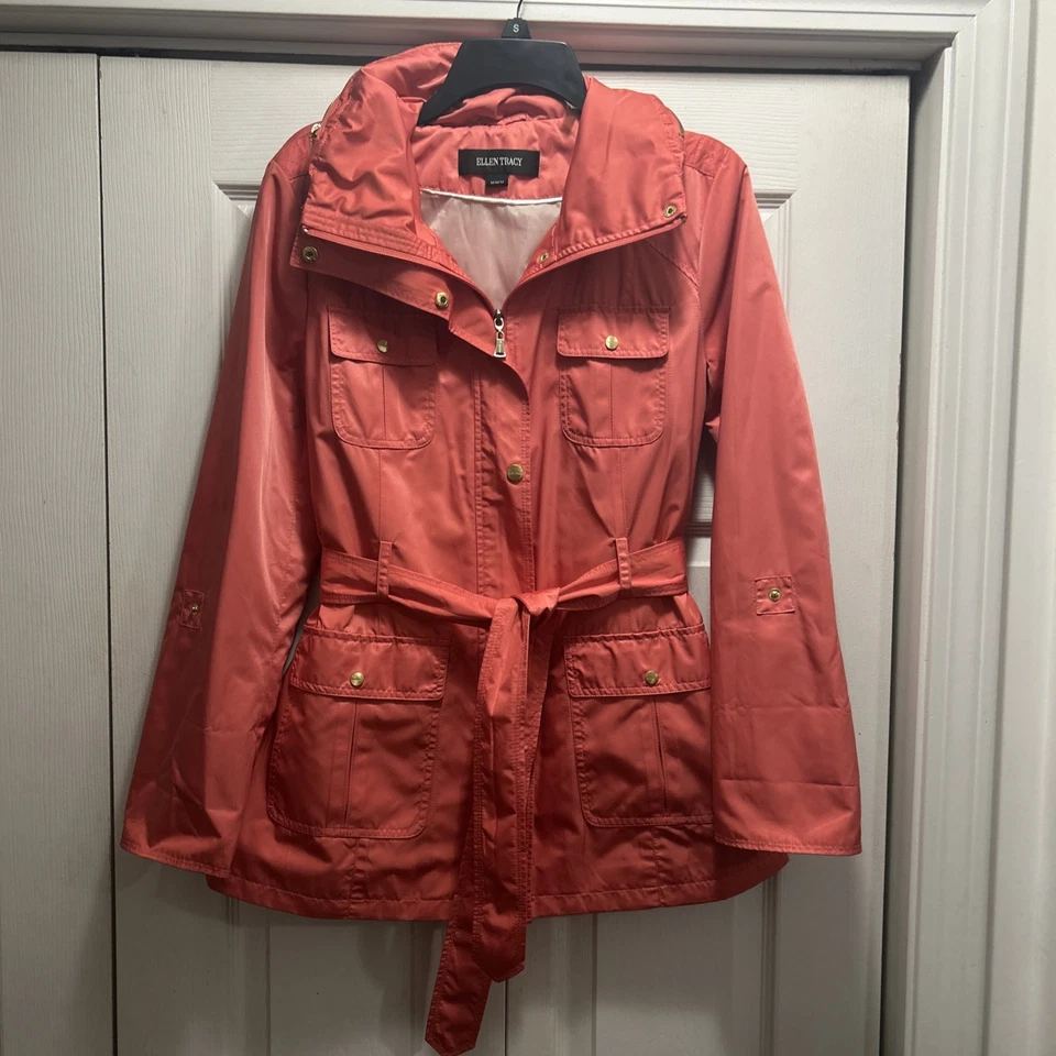 Ellen Tracy Rain Jacket Womens Medium Classic Belted Trench Coat Hidden Hood Zip - Image 1 of 4