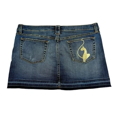 Vtg Y2K Baby Phat Embroidered Denim Mini Skirt Low Rise Sz 13 Distressed 90s - Image 1 of 4