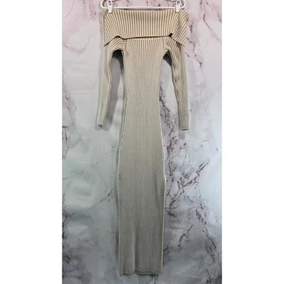 Vestido By Anthropologie para mujer XS beige acanalado midi ceñido al cuerpo abertura fuera del hombro tostado Foto 1 de 4