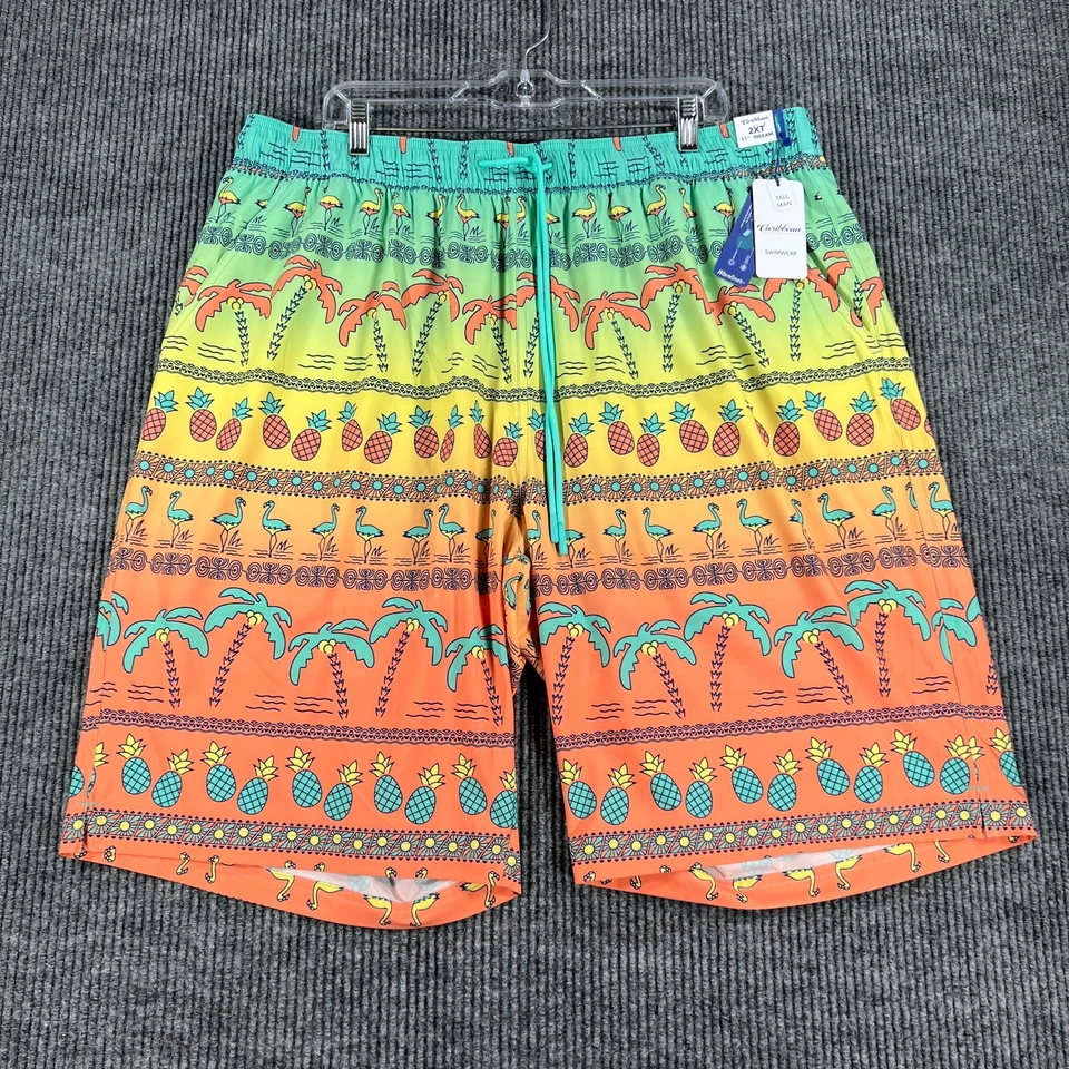 Caribbean Swim Trunks Shorts Mens 2XT Tall Green Orange Geometric Beach Pool New - Image 1 of 4