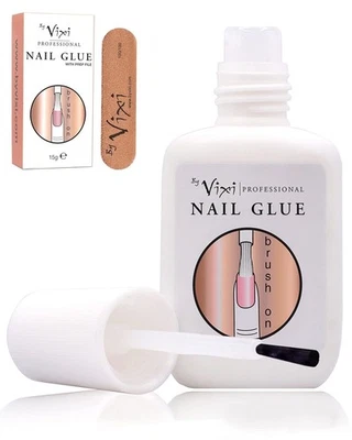 15ml By Vixi EXTRA STRONG NAIL GLUE with BRUSH and FREE PREP FILE Clear Instant.