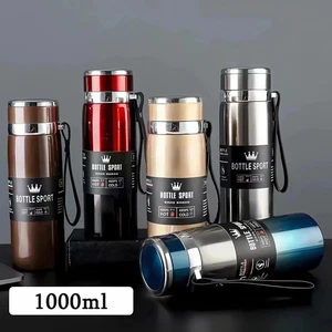 1L Large Hot/Cold Double Wall Thermal Flask Stainless Steel Thermos - Picture 1 of 6