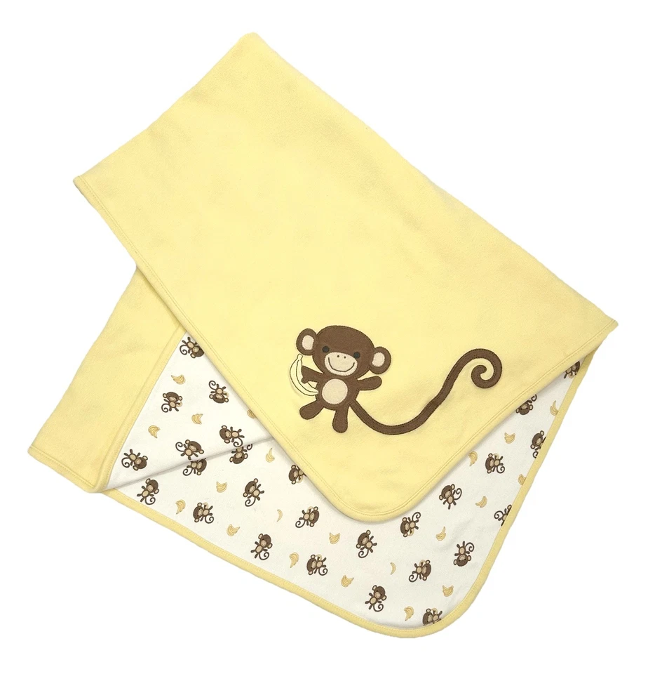 GYMBOREE Monkey Banana Baby Blanket Yellow White Reversible 2-Ply Cotton 2010 - Image 1 of 4
