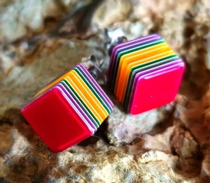 VTG Lea Stein Cube Stud Earrings 1/4" Multicolor Layered Lucite Pop Art Style - Picture 1 of 6