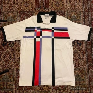 Vintage 80er 90er Mark Scot gestreiftes abstraktes Rugby Polo T-Shirt XL Farbblock Golf - Bild 1 von 7