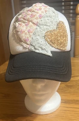Hand Embellished Black &/White Truckers Hat / Vintage Hand Quilted Hearts  - Image 1 of 4