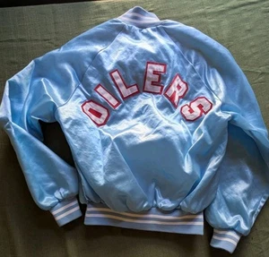 Vtg Auburn Sportswear Baby Blue Satin Varsity Bomber Jacket M Oilers #44 Keith - Picture 1 of 10