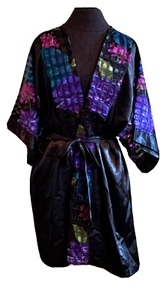 Vintage 90s Black Jewel Tone Short Silky Satin Kimono Robe Belt Lucie Ann II MED - Picture 1 of 9