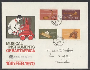 Hermosos instrumentos musicales de África Oriental Tanzania Uganda Kenia Grandes FDC 1970 - Imagen 1 de 1