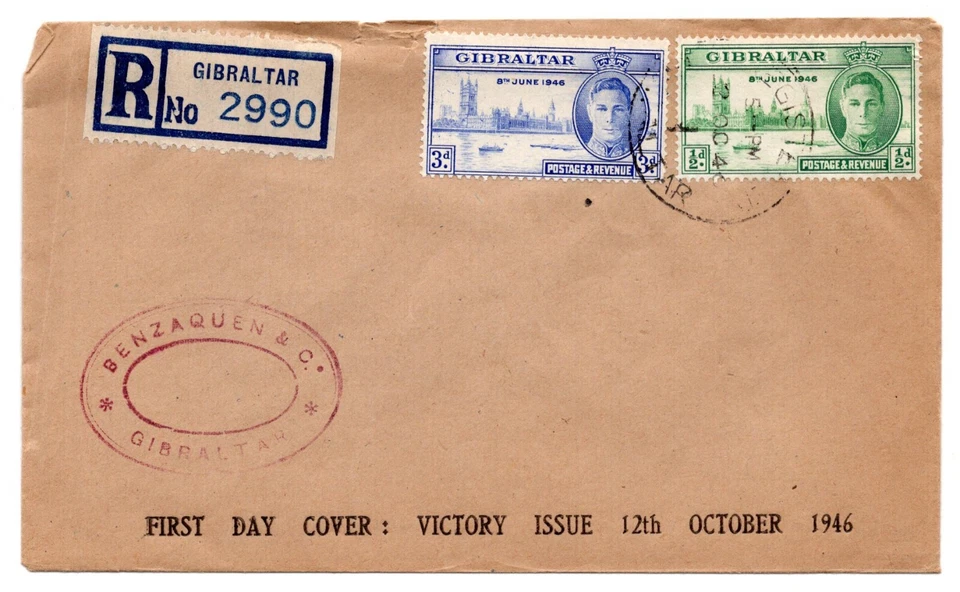 GIBRALTAR 1946 VICTORY KING GEORGE VI SET FDC LOCAL REGISTERED GIBRALTAR COVER - Image 1 of 2