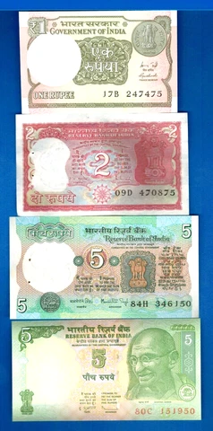 India 1, 2, 5, 5 Rupees Rig Tiger Farmer Gandhi Uncirculated Banknotes Set-4 Cover
