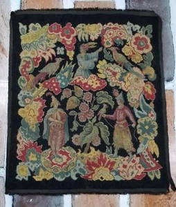 Antique French Needlepoint Folkloric Garden Scene Tapestry 82x70cm - Picture 1 of 12