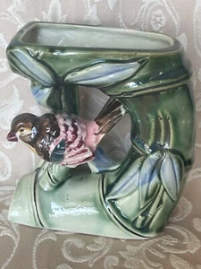 Florart Hand Decorated Colorful Bird On Bamboo Ceramic Planter Vintage - Picture 1 of 11
