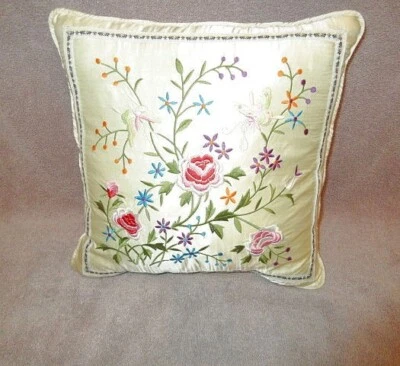Vtg Satin Embroidered Accent Throw Pillow Floral Cottagecore Boudoir Regency MCM - Image 1 of 4