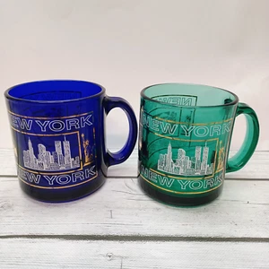 New York City Twin Tower, Statue of Liberty Green & Blue Glass Mugs Set of 2 - Picture 1 of 10