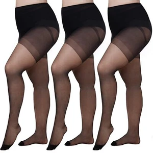 3 Pairs Women's Plus Size Tights Sheer Pantyhose Nylon Stockings With Reinfor... - Picture 1 of 6