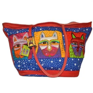 HTF Abstrat Vintage Laurel Burch Sun Sand Large Tote Beach Bag Cats Cat Felines - Picture 1 of 16