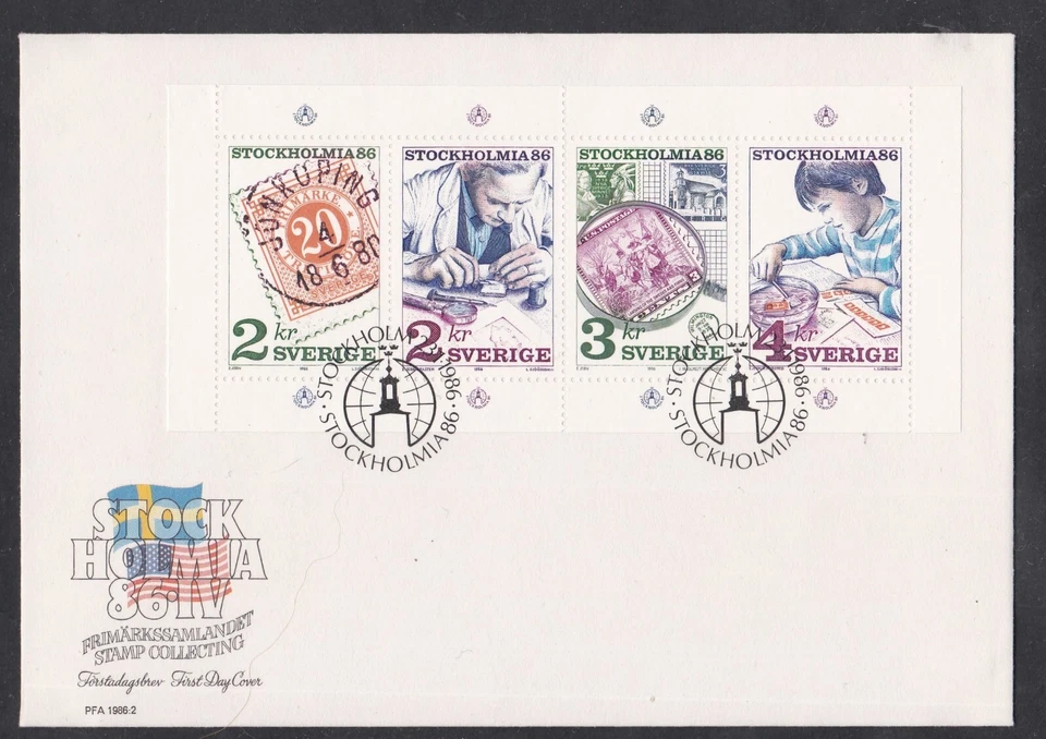 SUÉCIA 1986 CAPA PRIMEIRO DIA ESTOCOLMIA '86 SELO MUNDIAL EXPOSIÇÃO + CARTÃO + CACHET - Imagem 1 de 3