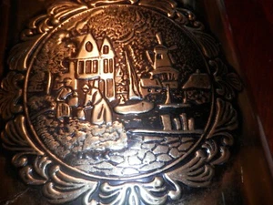 Vintage Weibro USA MCM Gold Embossed Metal Wastebasket Trash Can Dutch Windmill - Picture 1 of 3