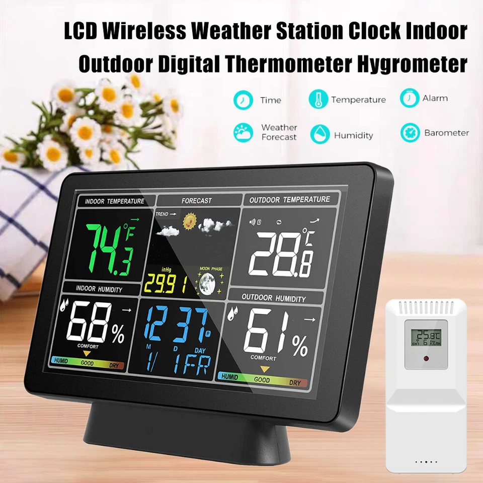 Digital LCD Wireless Weather Station Clock Indoor Outdoor Thermometer Humidity - Image 1 of 4