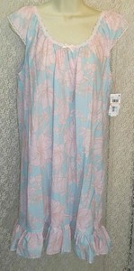 Miss Elaine Sz Small Woven Cotton Nightgown cap sleeve gown Pastel Blue/Peach