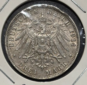 1914 German States Wurttemberg 3 Mark - William II 0.900 Silver Coin - Picture 1 of 3