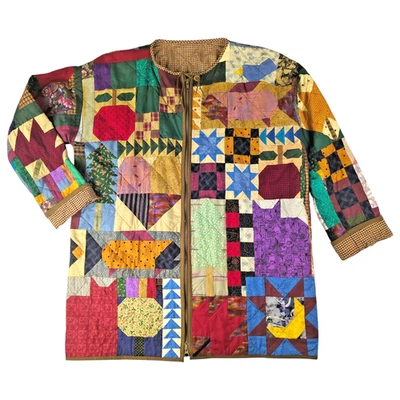 Chaqueta acolchada hecha a mano de colección retazos | Todas las estaciones vacaciones gato árbol abuela núcleo L Foto 1 de 4