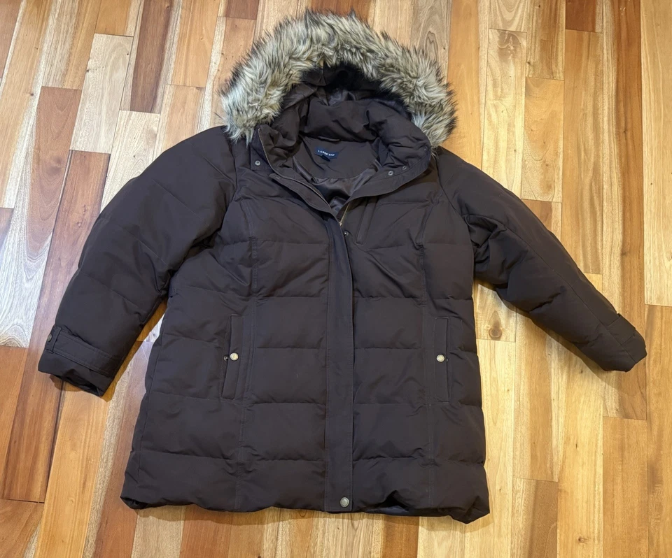 WOMENS LANDS END 2X 20W-22W DOWN FILLED PUFFER FAUX FUR HOOD ZIP BROWN JACKET - Image 1 of 4
