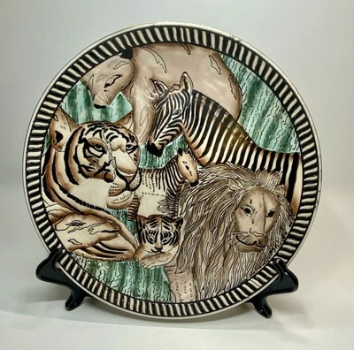 Plato decorativo de diseño animal de safari pintado a mano de colección con acento oriental, etiqueta Foto 1 de 4