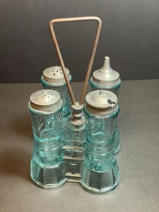 Antique Eapg Blue Condiment Set Binoculars Pattern Glows Yellow - Picture 1 of 24