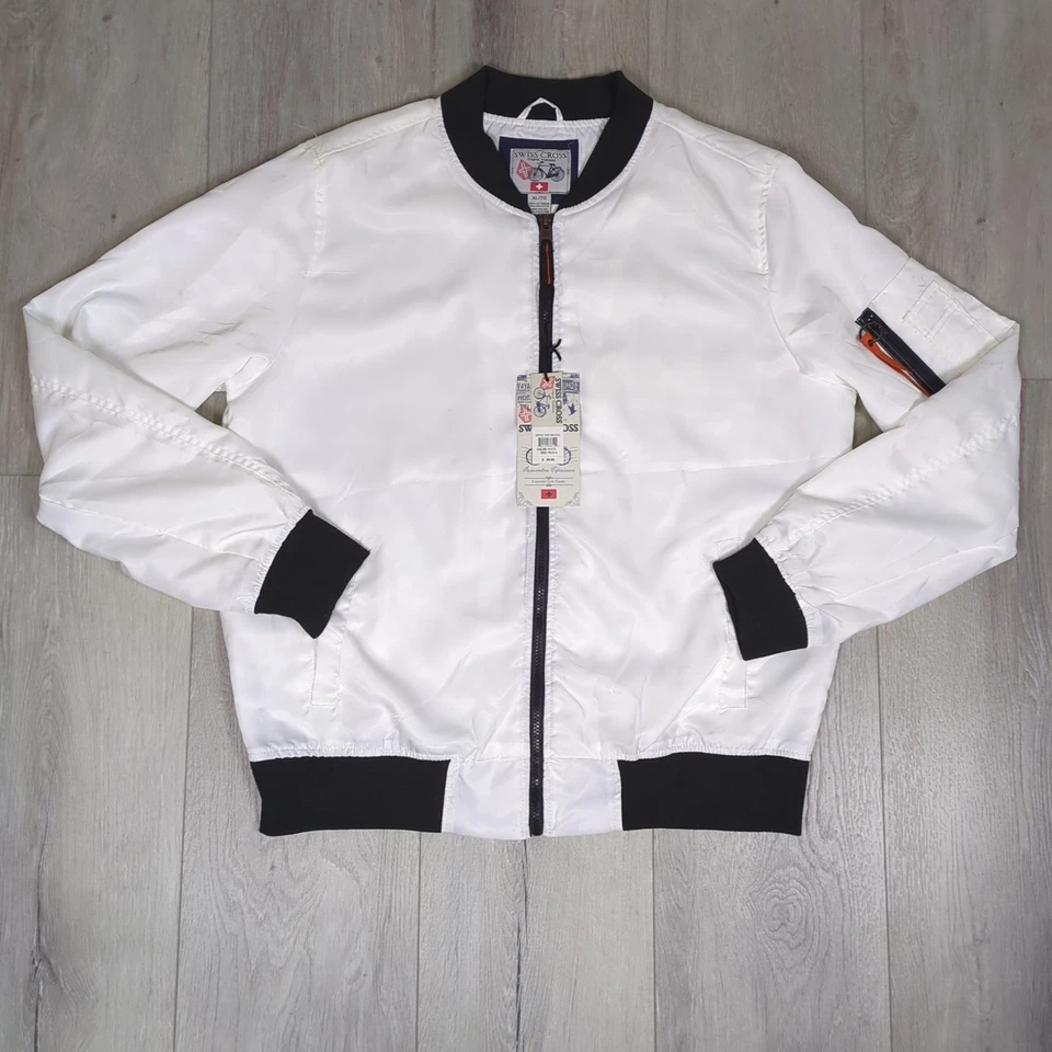 Swiss Cross Bomber Jacket Mens Extra Large White Black Trim Trailblazer Full Zip - Image 1 of 4
