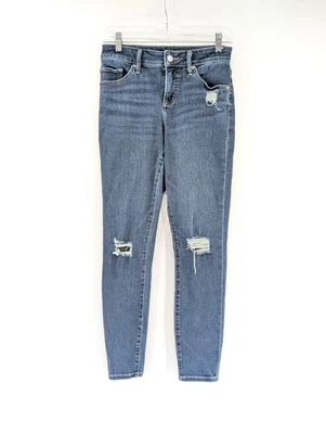Express Curvy Skinny Mid Rise Distressed Dark Wash Jeans Size 27/27.5 2 Reg - Image 1 of 4