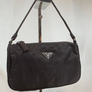 PRADA Accessory Pouch Hand Bag Tote Purse Logo Nylon Dark Brown Authentic - Picture 1 of 24