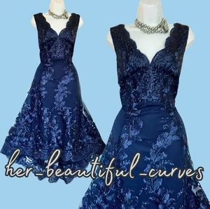 QUIZ NAVY SHIMMERING EMBROIDERED FLORAL HI LOW OCCASION WEDDING DRESS SIZE 12 - Picture 1 of 8