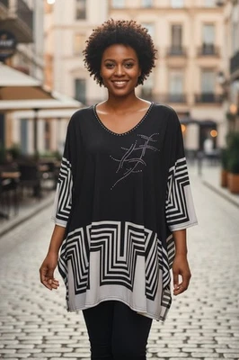 Top túnica abstracta VALENTINA para mujer adornada negra blanca manga 3/4 grande Foto 1 de 4