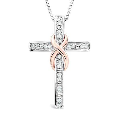 Diamond Cross Necklace 2-Tone in Sterling Silver and 14kt Rose Gold Plated Si... - Image 1 of 4