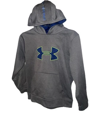Under Armour Gray Hoodie w/Blue Logo w/Green Outline Kangaroo Pocket Sz Y Large - Image 1 of 4
